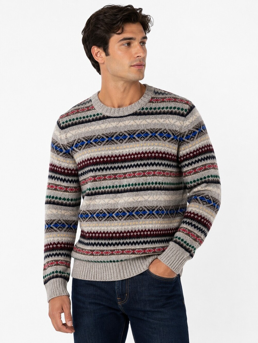 Abercrombie & Fitch Men's Cotton Blend Muscle Fit Gray Fair Isle Sweater- L